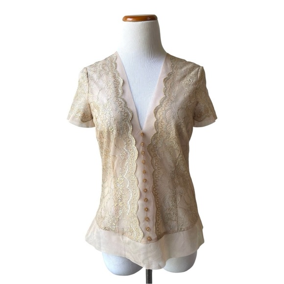 Y2K BCBG Max Azria Gold Lace V-neck Top Size Medium - Picture 1 of 9